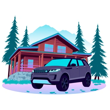 A sleek black Range Rover is parked prominently in front of a rustic mountain lodge made of weathered wood and stone. The lodge features a large front porch with sturdy wooden beams and a sloping roof. Surrounding the lodge are tall, lush pine trees, creating a natural backdrop that emphasizes the serene mountain setting. The ground is covered with a mix of gravel and patches of green grass, and a clear blue sky is visible overhead, enhancing the tranquil atmosphere of the scene.