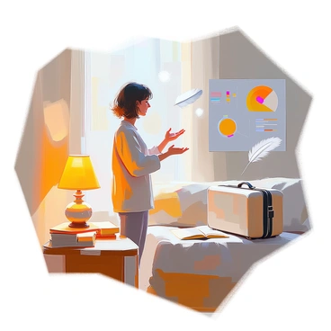 A character standing in a cozy, well-lit room filled with books and soft furnishings, engaged in an animated conversation. The character has medium-length curly hair and is wearing casual clothing. They are using their hands expressively as they explain, with various objects around them symbolizing the different meanings of "light." A small lamp casting a warm glow is on a side table, representing illumination. A feather floats gently in the air, symbolizing weightlessness. A light suitcase is positioned nearby, indicating ease of travel. Charts on the wall illustrate concepts related to lightness, brightness, and enlightenment. The character's facial expression is lively and enthusiastic as they make their points clear.