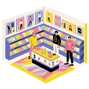 A vibrant store filled with colorful BTS merchandise. The walls are adorned with large, framed "posters" featuring the band members in dynamic poses. Shelves are stacked high with "apparel" including T-shirts, hoodies, and hats showcasing various designs and logos. A central display table features collectible "items" like albums and figurines. The floor is decorated with a bright, patterned rug that matches the energetic theme of the merchandise. Bright lights illuminate the space, creating an inviting atmosphere for fans.