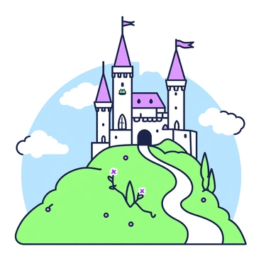 An enchanting fairytale castle perched on a hill stands majestically against the sky. The castle features tall, pointed towers topped with spires, each adorned with "colorful banners" fluttering in the wind. Surrounding the castle, a lush landscape can be seen, with winding pathways leading up to the entrance. The stone walls of the castle are detailed with intricate designs and large arched windows. In the foreground, a gentle slope leads to the hill, dotted with "colorful flowers" swaying in the breeze. A vibrant blue sky adds to the magical atmosphere, with a few fluffy clouds drifting by.