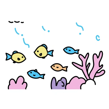 A school of small, colorful fish, including yellow, blue, and orange species, swimming closely together. They weave gracefully through a detailed coral reef, featuring various shapes and textures of coral in shades of pink, purple, and red. The underwater scene is illuminated by dappled sunlight filtering down from the surface above. In the background, more coral formations are visible, creating a rich environment for the fish.