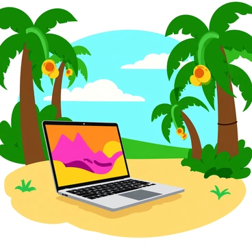 An oasis with palm trees and a laptop displaying a vivid Adobe illustration
