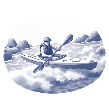 A kayaker is navigating through turbulent river rapids. The kayaker is seated in a streamlined kayak, with both hands gripping the paddle, actively propelling the craft forward. Water splashes dramatically around the kayak, creating frothy white water. The kayaker is wearing a life jacket and a helmet for safety. Surrounding the scene are rocky riverbanks, with some vegetation visible, and the sun shines brightly overhead, casting shadows on the flowing water. 