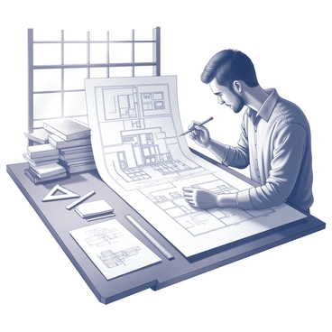 An architect is focused on a large drafting table filled with detailed blueprints. The blueprint displays intricate designs and measurements, showcasing various architectural elements such as walls, windows, and doors. The architect is using a pencil to make precise notes and adjustments on the plan. Surrounding the drafting table are architectural tools, such as a scale ruler, protractor, and a compass. The workspace is organized with additional sheets of paper and reference books stacked neatly nearby. Natural light pours in from a nearby window, illuminating the meticulous work of the architect.