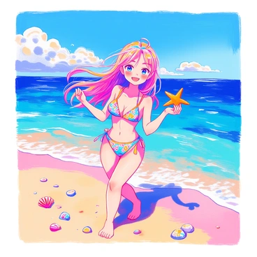 An anime girl with long, flowing hair is standing at the edge of a sandy beach. She is wearing a colorful bikini adorned with floral patterns. In her hand, she is holding a bright orange starfish, displaying it with a joyful expression. The turquoise water is gently lapping at her feet, and the sky above is clear with a few fluffy white clouds. Scattered seashells and beach pebbles can be seen on the sand around her.