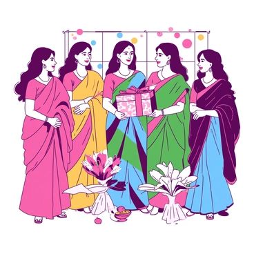 A group of women wearing vibrant sarees in various colors stands together at an Indian baby shower. The sarees feature intricate designs and patterns, showcasing a mix of hues and styles. In the center of the group, there is a woman holding a decorated gift box wrapped in colorful paper. Surrounding her, other women are smiling and sharing joyful expressions, adding to the festive atmosphere. Decorative elements such as flowers and traditional ornaments can be seen in the background, enhancing the celebratory mood of the event.