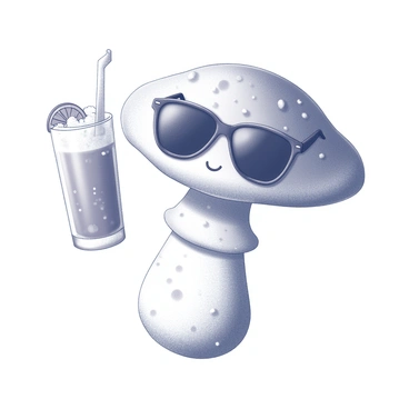A shiitake mushroom is the central focus of the image. The mushroom has a textured brown cap and a lighter stem. It is wearing oversized sunglasses, positioned on the top of its cap, creating a playful expression. In one of its mushroom "hands," it is holding a tall, frosty smoothie glass, filled with a colorful drink and topped with a slice of fruit. The scene captures the whimsical nature of the mushroom, highlighting its unique features and the fun accessory of the sunglasses.
