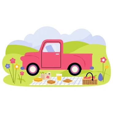 A bright red truck parked in an open field surrounded by a variety of blooming flowers in shades of yellow, pink, and purple. Next to the truck, there is a picnic setup featuring a checkered blanket spread on the grass. On the blanket, there are plates of sandwiches, a pitcher of lemonade, and a basket filled with fresh fruits. In the background, rolling green hills can be seen under a clear blue sky.