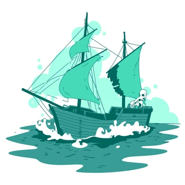 A ghostly pirate ship sailing through foggy, turbulent waters