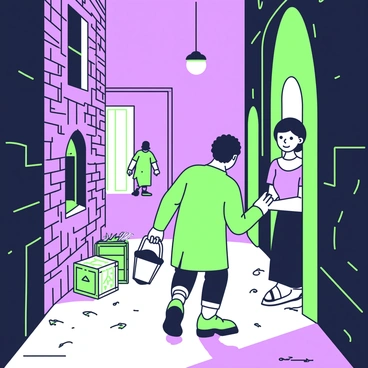 A narrow back alley is dimly illuminated by the glowing light from an overhead lamp. In the foreground, two allies are in motion, one is a man carrying a lantern, and the other is a woman dressed in dark clothing. The man is looking back towards a figure in the shadows, a runaway slave, who is crouched low and peeking around a corner. The alley is lined with tall brick walls, and debris is scattered across the ground. A couple of crates are stacked against one wall, and the distant silhouette of a guard can be seen at the far end, adding tension to the scene. The expressions on the faces of the allies reveal determination and urgency as they guide the runaway towards freedom.