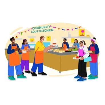 A group of diverse volunteers are serving warm meals at a community soup kitchen. Each volunteer has a cheerful expression while wearing bright aprons. One volunteer is handing a steaming bowl of soup to a smiling individual in line. Another volunteer stands behind a large countertop filled with various dishes, including bread rolls and fresh fruits. The setting features colorful decorations on the walls, and a large sign reads "Community Soup Kitchen" in bold letters. People of different ages and backgrounds are gathered, some enjoying their meals at communal tables.