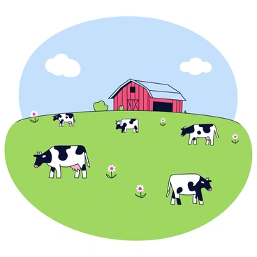 A wide-open field with lush green grass. Several cows are peacefully grazing in different spots across the field. In the background, there is a rustic wooden barn with a slanted roof. The barn has faded red paint and is surrounded by a few wildflowers. Above, the sky is clear and blue, with a few fluffy white clouds scattered throughout.