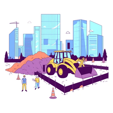 A yellow tractor is actively digging in the dirt at an urban construction site. The tractor is equipped with a large front loader, and piles of earth are being shifted to one side. Surrounding the site, there are tall skyscrapers made of glass and steel, towering against the sky. The construction site is marked with orange safety cones and temporary fencing. Workers in hard hats are visible in the background, directing traffic and managing the construction activities.