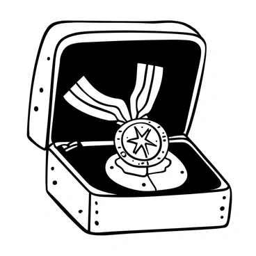 An intricate medal of honor displayed prominently in the center of a velvet-lined box. The medal features detailed engravings and ornate designs. The box is elegantly closed, showcasing its luxurious velvet texture. The interior of the box is deep and rich, enhancing the appearance of the medal. The scene has a sense of reverence and significance, emphasizing the importance of the medal.
