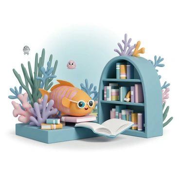A colorful fish with vibrant scales, wearing round glasses, is sitting on a coral shelf, holding an open book with its fins. The library is filled with various types of corals, each designed as bookshelves, adorned with numerous books of all shapes and sizes. Soft light filters through the water, illuminating the scene and casting gentle shadows. In the background, other sea creatures can be seen curiously observing the fish, adding to the lively underwater atmosphere.