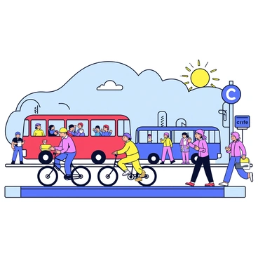 A busy morning commute scene featuring several people on bicycles, wearing colorful helmets and riding on a bike lane. There are also two buses, one red and one blue, with passengers visible through the windows. Some pedestrians are walking on the sidewalk, carrying bags and checking their watches. The background includes a few trees and a street sign indicating a nearby cafe. The sky above is clear with a bright sun illuminating the scene.