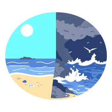 A duotone illustration shows a beach scene split down the middle. On the left side, the sun is shining brightly in a clear blue sky, illuminating soft golden sand and a few scattered seashells. Small waves gently lap at the shore, reflecting the sunlight. On the right side, dark gray clouds gather ominously, casting shadows over turbulent waters. The waves are crashing violently against the rocky outcroppings, creating white foam. Seagulls can be seen soaring high above the stormy side, contrasting against the bright atmosphere of the sunny side.