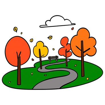 A park in autumn with trees shedding colorful leaves. The scene is filled with trees displaying vibrant shades of orange, red, and yellow. The ground is covered with a blanket of fallen leaves, and a gentle breeze causes some leaves to swirl in the air. A winding path cuts through the park, inviting visitors to take a stroll amidst the beauty of the season. In the background, there are benches under the trees, creating a peaceful spot for people to sit and enjoy the scenery. The sky is clear with a few fluffy clouds, adding to the pleasant atmosphere of the day.