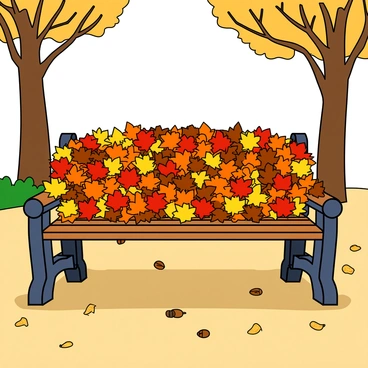 A wooden park bench with a smooth finish is situated in a vibrant park scene. The bench is adorned with a thick blanket of colorful autumn leaves in shades of red, orange, yellow, and brown, creating a striking contrast against the wood. The ground around the bench is also covered with fallen leaves, adding to the autumn ambiance. A few scattered acorns and small twigs are visible among the leaves. In the background, a few trees with bare branches stand, their trunks sturdy and brown, creating a cozy atmosphere. Sunlight filters through the branches, casting gentle shadows on the bench and leaves.