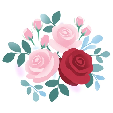 A bouquet of rose buds in various stages of blooming is displayed elegantly. The arrangement features delicate rose buds in soft pink hues alongside fully opened roses in deep red tones. Each flower exhibits a smooth texture and gentle curves, highlighting the contrast between the tight buds and the lush petals of the open blooms. Green leaves surround the roses, adding a touch of natural freshness to the composition. The overall presentation creates a harmonious blend of colors and shapes.