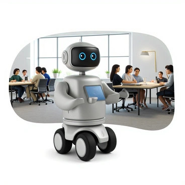 A friendly robot with a shiny metallic surface and rounded edges is rolling smoothly through a modern office space. The robot's eyes are large and expressive, conveying a sense of warmth and approachability. It has two arms extended forward, each holding a sleek, rectangular survey tablet. The office features contemporary furniture, including a large conference table and ergonomic chairs. Large windows let in natural light, and plants are placed around the room, adding a touch of greenery. The robot is passing by a group of people sitting at their desks, engaged in conversation and looking towards the robot with smiles.