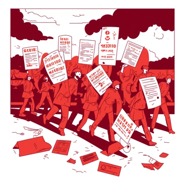 A red battlefield is filled with soldiers in various uniforms charging forward, each carrying large shields made of crumpled credit reports. The credit reports display various credit scores and financial information in bold print. In the background, there are dark clouds looming overhead, creating a sense of tension. Some soldiers are shouting orders, while others are bracing themselves behind their shields. The ground is scattered with papers and debris, illustrating the chaos of the scene. A few soldiers are engaged in close combat, with shields raised to protect themselves.