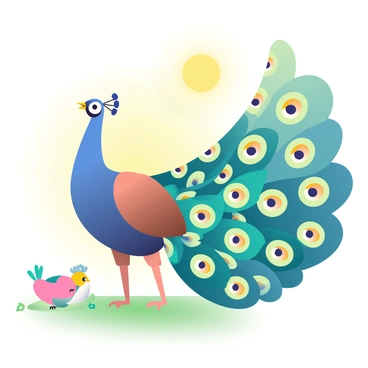 A peacock with iridescent blue and green plumage is standing on a grassy area, its vibrant long tail feathers fully fanned out behind it. The feathers display intricate patterns of eye spots with shades of gold, turquoise, and deep blue. The peacock's head, adorned with a small crest, is held high, and its gaze is directed towards a group of small birds nearby, which appear curious. The background features a soft gradient of green and yellow hues that enhance the colors of the peacock's feathers. The sun is shining brightly, casting light on the scene, emphasizing the brilliance of the peacock's display.