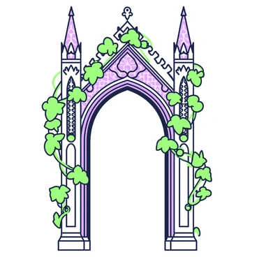 A gothic archway stands tall with intricate designs. The arch features sharp points and ornate details, showcasing an elaborate pattern. Surrounding the archway, there are embellishments with flowing lines inspired by art nouveau. Climbing vines weave around the structure, their tendrils gracefully wrapping around the arch. The vines are lush, with leaves that create a natural frame around the architectural features. The scene captures the blend of gothic and art nouveau styles through the interplay of bold shapes and intricate details.