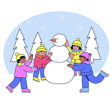 A group of children wearing colorful winter coats and hats are outside in a snowy landscape. They are joyfully building a snowman, which is partially completed, with large snowballs stacked on top of each other. One child adds a carrot for the snowman's nose while another places a scarf around its neck. Snowflakes are gently falling from the gray sky, covering the ground in a fresh layer of white snow. In the background, there are snow-covered trees creating a winter wonderland atmosphere.