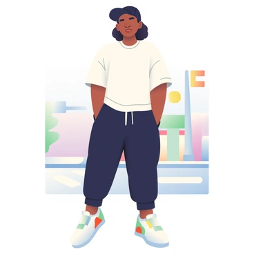 A girl with medium brown skin is standing confidently in the foreground. She is wearing a simple streetwear outfit that consists of a loose-fitting white t-shirt and black jogger pants. On her head, she has a black cap tilted slightly to the side. Her feet are clad in trendy white sneakers with colorful accents. The background features a faded urban landscape with outlines of buildings and street elements, creating a dynamic environment around her. She has a playful expression as she poses with her hands in her pockets.