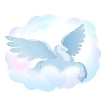 A Pegasus with large, powerful wings is soaring gracefully through fluffy clouds. The wings are outstretched and glistening, showcasing their impressive size and detail. The body of the Pegasus is depicted in a shimmering white color, blending harmoniously with the soft pastel hues of the surrounding clouds. The clouds have a gradient of pastel colors, creating a dreamy background. Sunlight filters through the clouds, adding a warm glow to the scene.