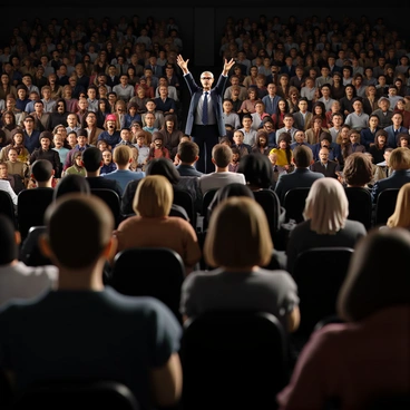 A diverse audience sitting in rows, with expressions of confusion and puzzlement on their faces. Some individuals are leaning forward in their seats, while others are whispering to each other. In the foreground, there is a tall stage where a speaker is animatedly gesturing, with a dramatic pose that emphasizes the intensity of the argument being presented. The speaker has a fierce expression, and their arms are raised for emphasis. The lighting on stage is bright, contrasting with the dimmer lighting in the audience area, drawing attention to the performance.