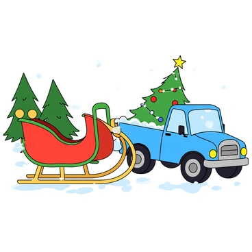 A colorful, cartoon-like sleigh with a bright red and green design, adorned with golden bells, is positioned next to a cheerful blue truck. The truck features a decorated Christmas tree in the truck bed, with colorful ornaments and a star on top. Both the sleigh and the truck are surrounded by a snowy field, with fluffy white snow covering the ground and gently falling from the sky. In the background, there are a few tall evergreen trees, their branches heavy with snow, contributing to the festive holiday atmosphere. The scene is lively, capturing the joy of the holiday season.