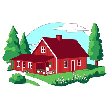 A red traditional Swedish farmhouse with a A-frame roof is set against a vibrant green landscape. The farmhouse features white window frames and a welcoming front porch adorned with potted flowers. Surrounding the house are tall, lush green trees swaying gently in the breeze. In the foreground, there are patches of wildflowers in various colors, adding to the home's picturesque setting. The sky above is clear, with a few fluffy white clouds scattered across it.