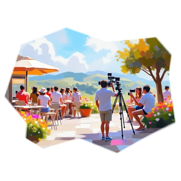 A scenic landscape featuring a bustling view of tourists engaged in taking photos. The scene includes groups of people of diverse backgrounds, some holding cameras and others using smartphones to capture the beauty around them. In the background, there are rolling hills with vibrant greenery and a clear blue sky. Nearby, a small café with outdoor seating is visible, and a few tourists are sitting and enjoying refreshments. The landscape is dotted with colorful flowers and trees, enhancing the lively atmosphere of the area.