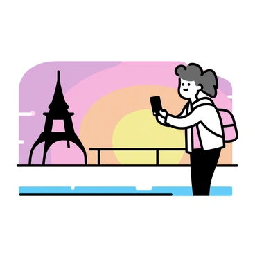 A tourist standing on a viewing platform, holding a smartphone up to capture a sunset. The sunset features vibrant hues of orange, pink, and purple illuminating the sky. In the background, a famous landmark is prominently visible, its silhouette contrasting against the colorful sky. The tourist, wearing a light jacket and a backpack, appears focused and captivated by the scene. The composition highlights the juxtaposition of the natural beauty of the sunset and the iconic structure in front of it.