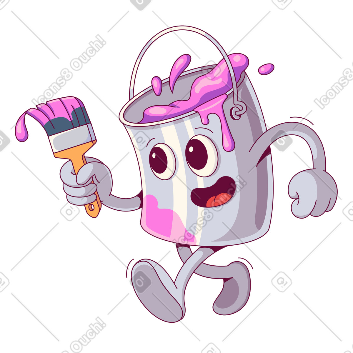 Secchio di vernice tiene un pennello e va a creare illustrazione in stile Handy scarica in PNG, SVG