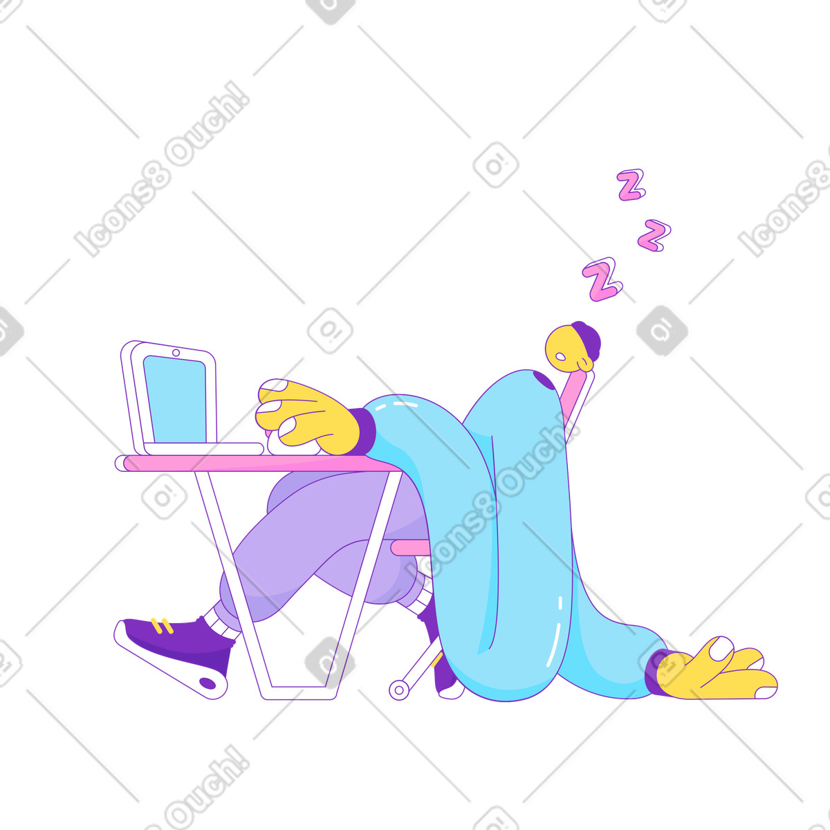 Illustration Guy dormir à son ordinateur portable dans le style Elastic télécharger aux formats PNG, SVG