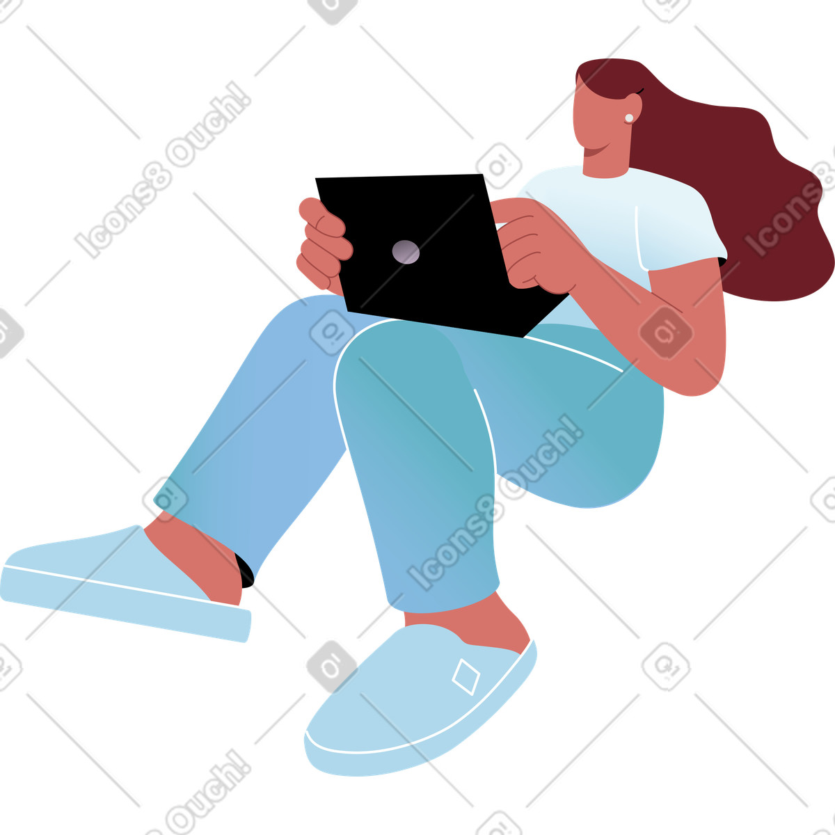 Ilustración Mujer sentada, con, computador portatil abierto en estilo Airy a descargar en PNG y SVG