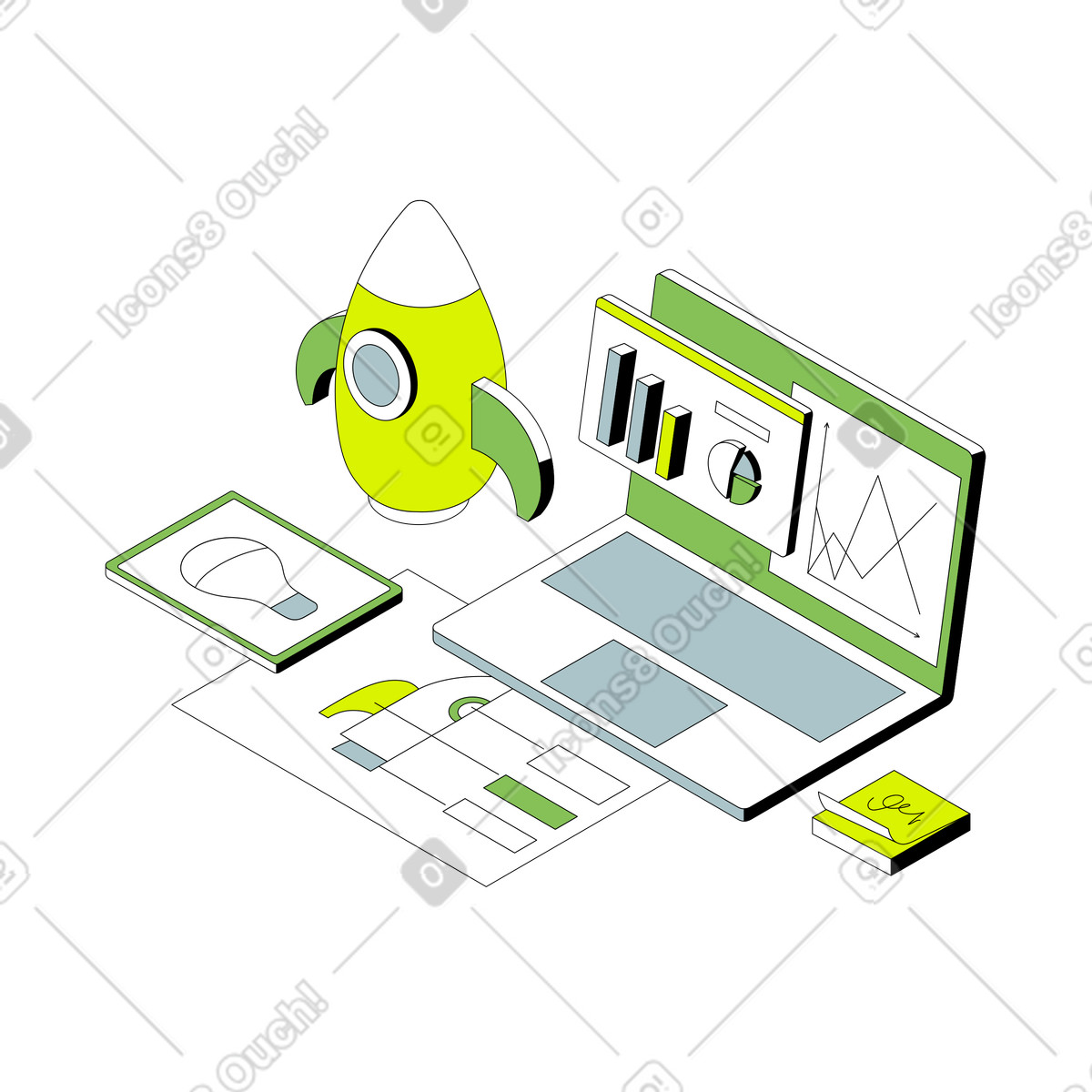 Ilustración Planificación previa al lanzamiento de una startup en estilo Isometric a descargar en PNG y SVG