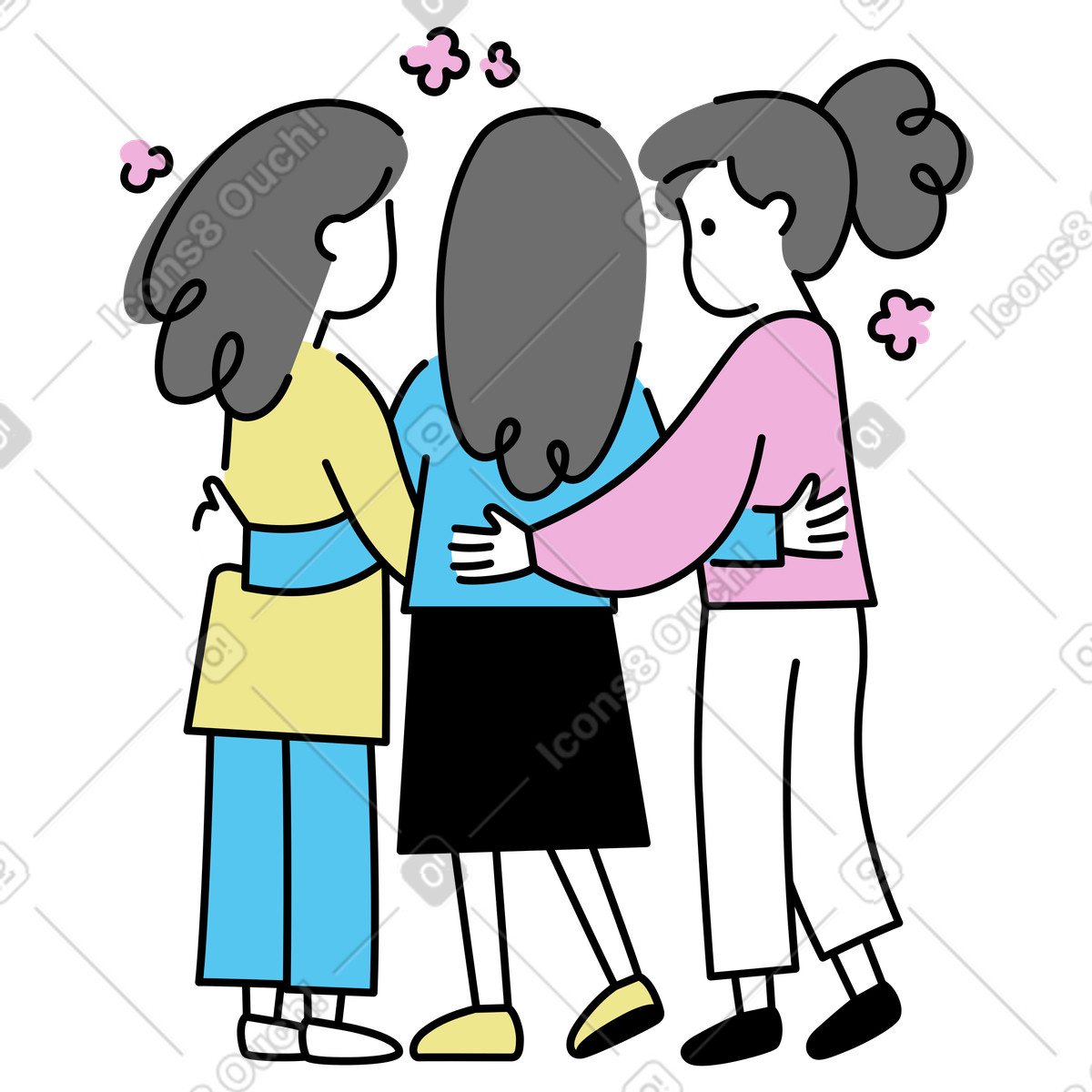 Team members hugging in unity illustration showcasing emotional support clipart PNG SVG download