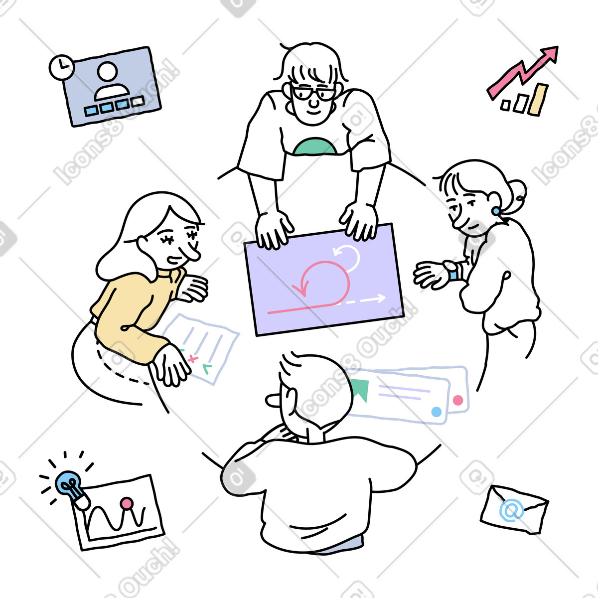 Notes スタイルの スクラムについて議論している人々 のイラストをPNG、SVG形式でダウンロード