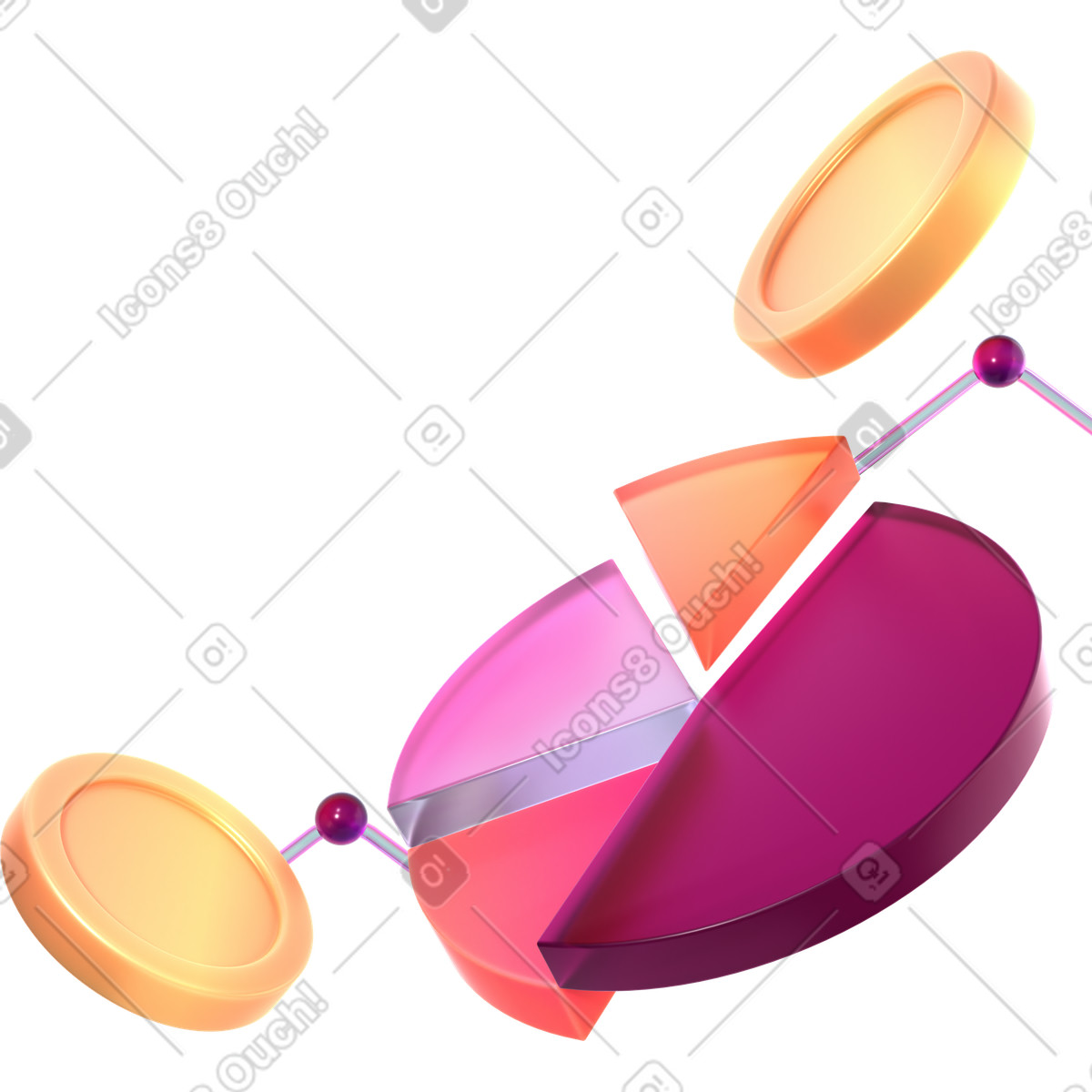 Ilustración Gráfico circular y monedas en estilo 3D Glassy a descargar en PNG SVG