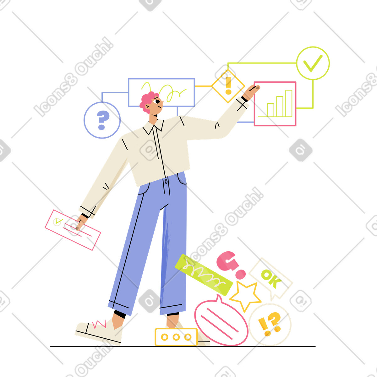 Ilustración animada Team member creating step by plan, workflow optimization and business strategy en estilo Juicy a descargar en GIF, Lottie (JSON), AE