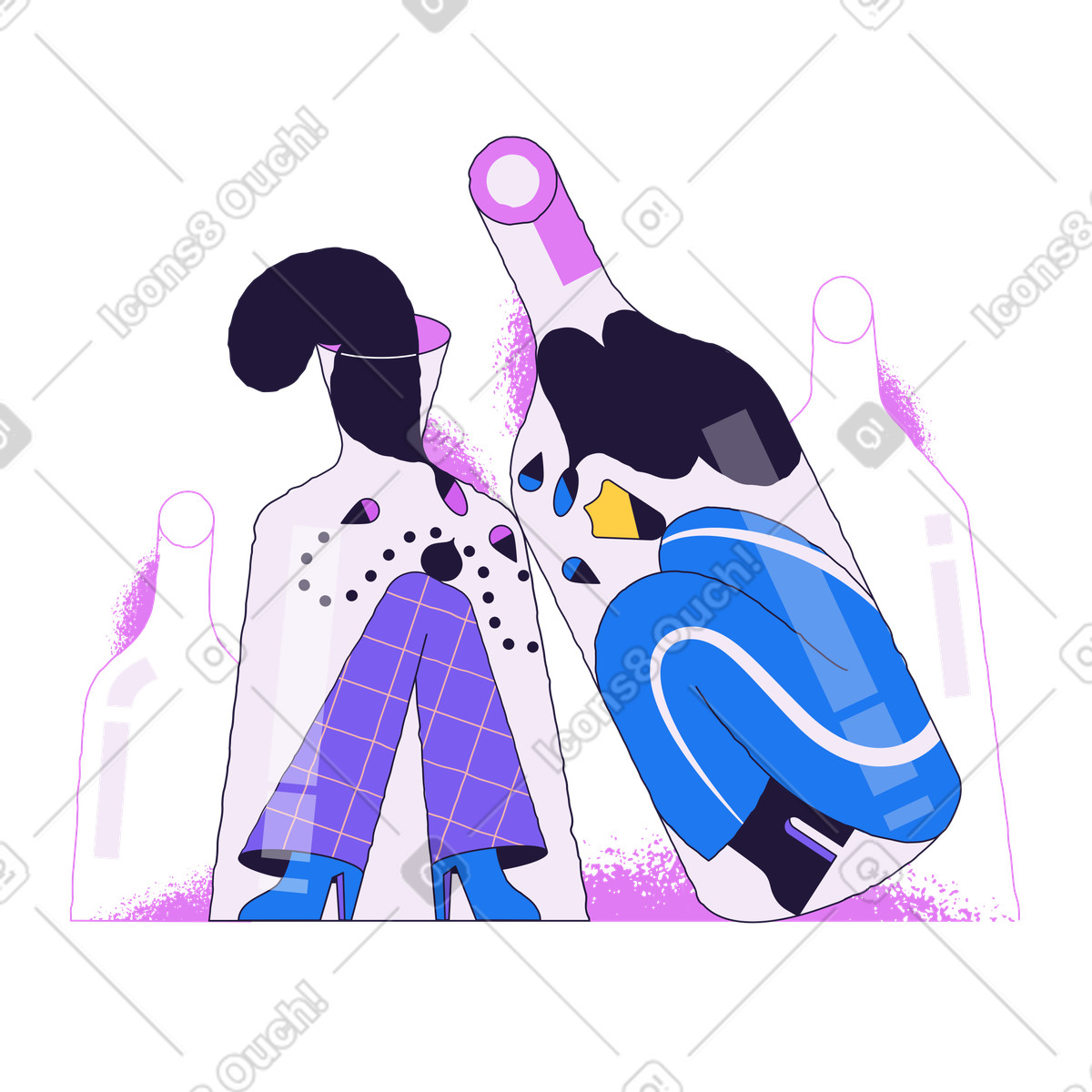 下载 Conifer 风格的 Characters trapped in glass bottles, No connection or bad gateway concept 插画，支持 PNG、SVG 格式