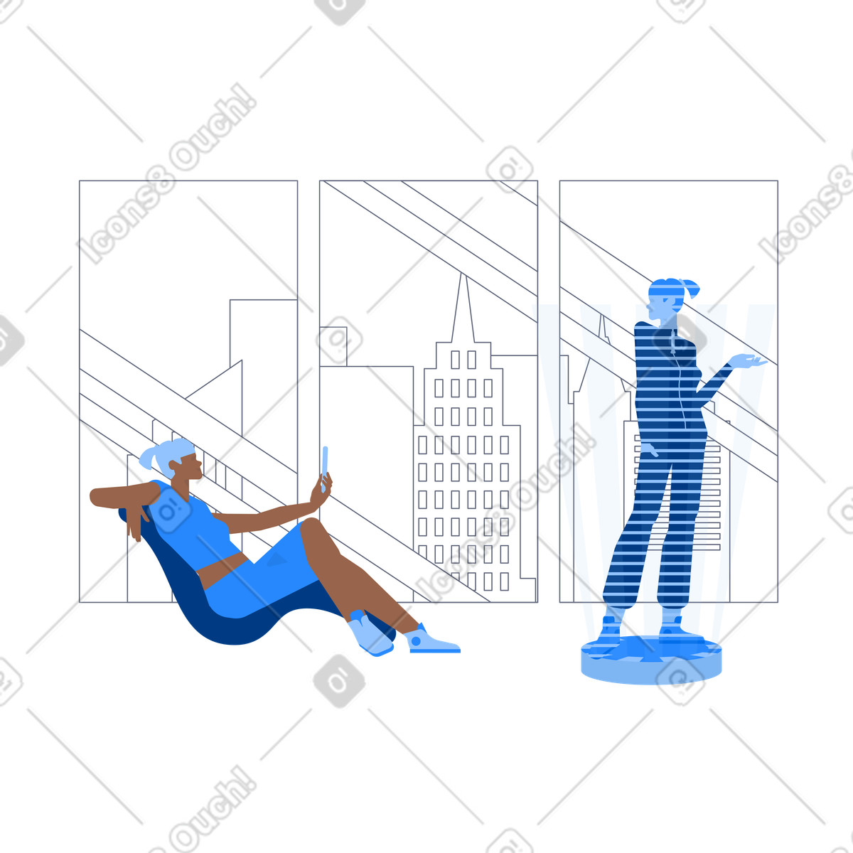 Casual shopping with holographic projection in living room, Futuristic online experience illustrazione stile Urban scarica PNG, SVG