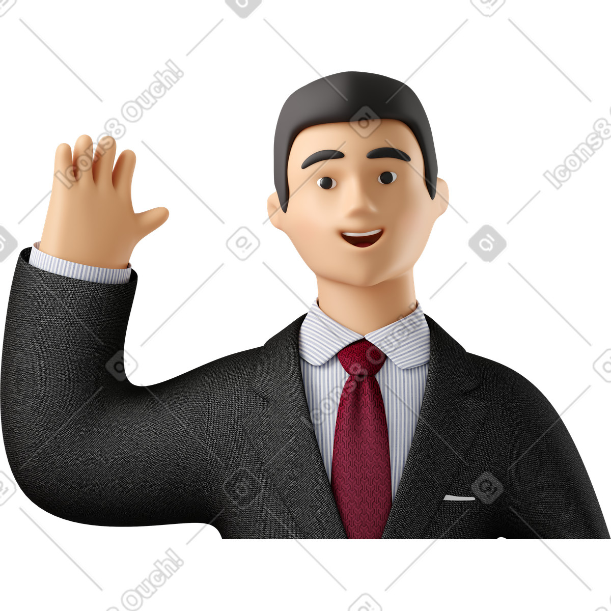 下载 3D Business 风格的 Close up of businessman in black suit waving hello 插画，支持 PNG、SVG 格式