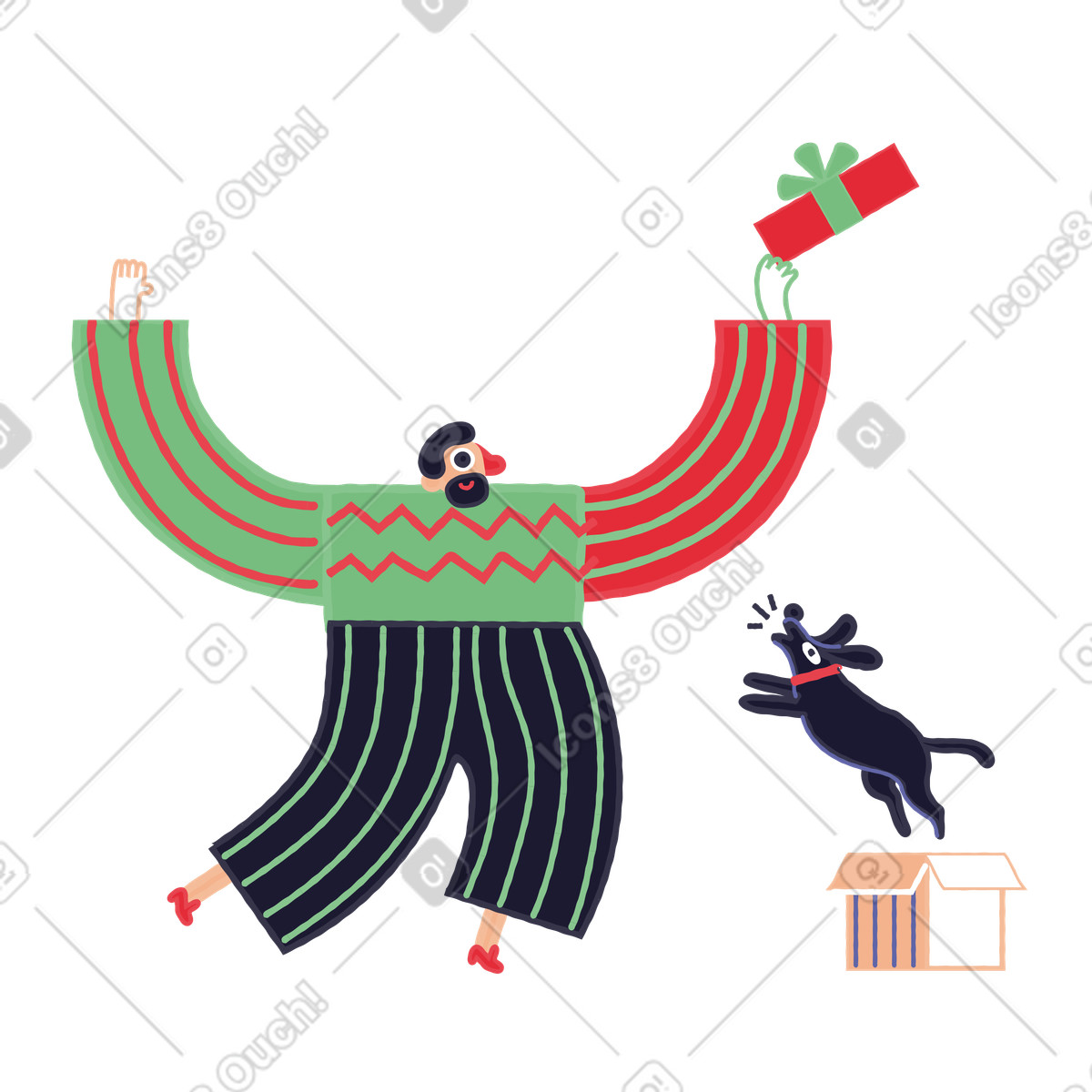 Uomo con un regalo e cane che salta fuori dalla scatola illustrazione in stile Stripy scarica in PNG, SVG