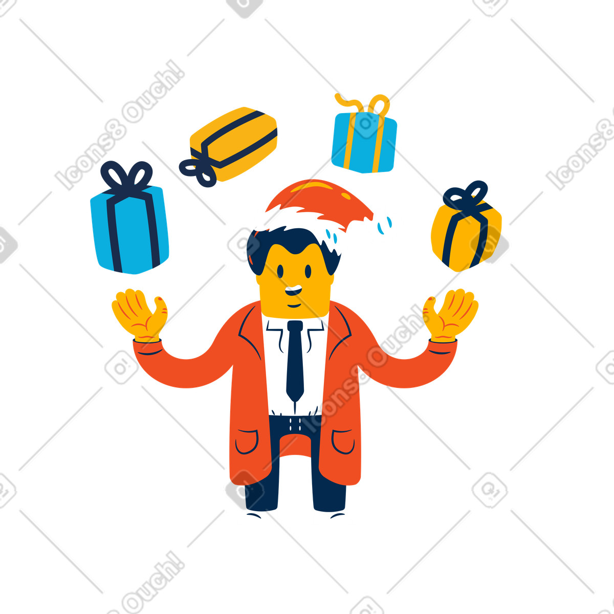 Smiling office worker juggling gifts in Santa hat, Christmas celebration at work illustration Flame style download PNG, SVG