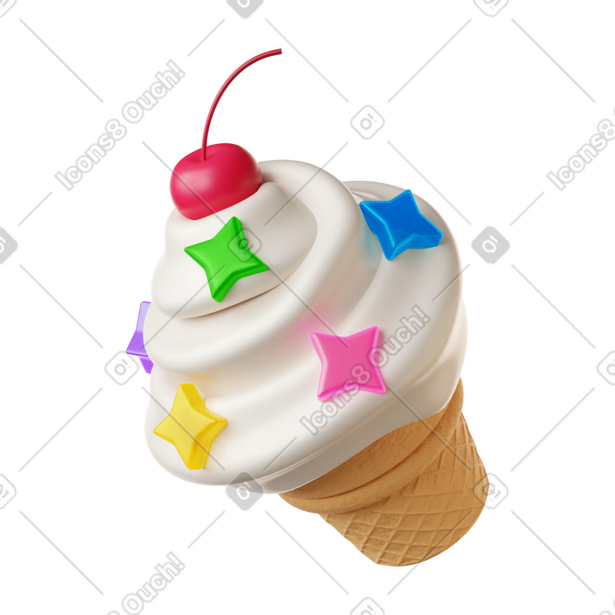 Ice cream with stars and cherry on top illustration in 3D Stickle style download in PNG, SVG